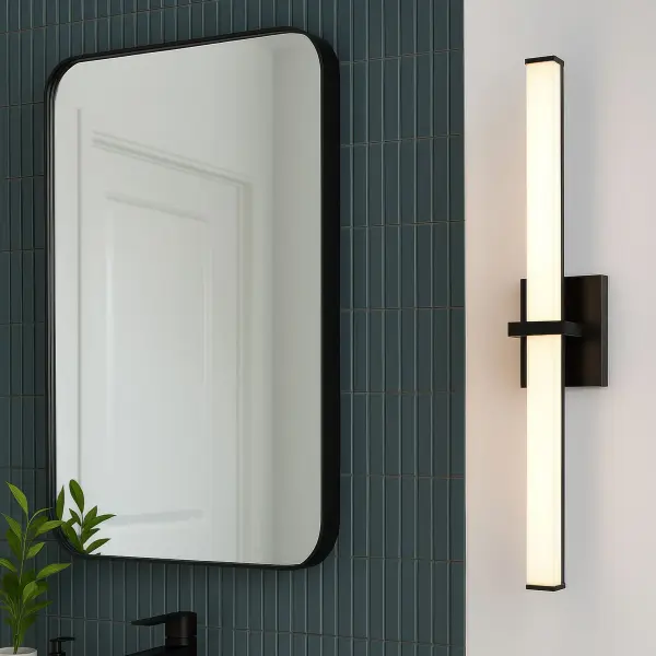 The Golden Lighting Elon vanity light combines minimalist design with integrated LED technology for a contemporary bathroom upgrade. Its matte black finish and milky acrylic shade deliver soft, glare-free illumination. - alternate view