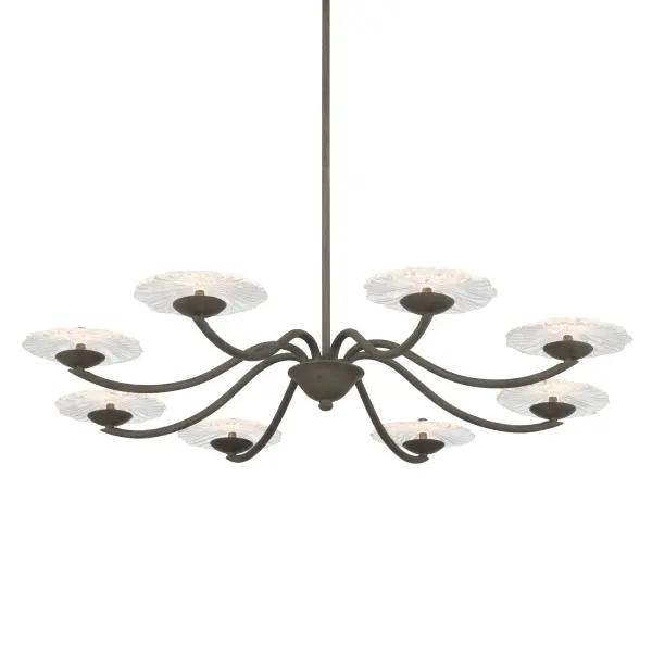 The Golden Lighting Coral Bloom 31" Integrated LED Chandelier presents a striking fusion of organic artistry and modern design. Featuring a low-profile circular silhouette, the fixture is defined by sculptural pressed clear glass shades that radiate outward like blooming petals, creating depth, movement, and visual intrigue. The textured glass softly refracts light, producing shimmering highlights and a warm ambient glow. Finished in Black Slate, the frame showcases a deep charcoal-black tone with a heavily textured, stone-like matte surface that adds an earthy, architectural presence. Measuring 30.5"W x 4"H x 30.5"D, this chandelier is ideal for dining rooms, foyers, living spaces, and bedrooms. Damp-location rated and sloped-ceiling compatible, it offers adjustable hanging height for flexible installation. Integrated LED technology provides 2200 lumens at 3000K, delivering energy-efficient illumination with a warm, inviting tone. Collection: Coral Bloom Finish: Black Slate Glass: Clear Glass Width: 30.50" Height: 4.00" Weight: 13.50 lb Extension from Wall: 30.50" Canopy: 4.87"W x 4.87"H x 0.75"D Bulbs Included Number of Bulbs: 8 Maximum Wattage: 40.00 W Bulb Type: Panel Light Source: LED Dimmable Voltage: 120.00 V Country of Origin: China Safety Listing: ETL LED Manufacturer Warranty: 5 Year Limited