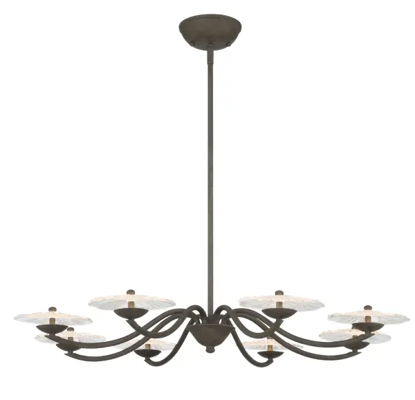 The Golden Lighting Coral Bloom 31" Integrated LED Chandelier presents a striking fusion of organic artistry and modern design. Featuring a low-profile circular silhouette, the fixture is defined by sculptural pressed clear glass shades that radiate outward like blooming petals, creating depth, movement, and visual intrigue. The textured glass softly refracts light, producing shimmering highlights and a warm ambient glow. Finished in Black Slate, the frame showcases a deep charcoal-black tone with a heavily textured, stone-like matte surface that adds an earthy, architectural presence. Measuring 30.5"W x 4"H x 30.5"D, this chandelier is ideal for dining rooms, foyers, living spaces, and bedrooms. Damp-location rated and sloped-ceiling compatible, it offers adjustable hanging height for flexible installation. Integrated LED technology provides 2200 lumens at 3000K, delivering energy-efficient illumination with a warm, inviting tone. Collection: Coral Bloom Finish: Black Slate Glass: Clear Glass Width: 30.50" Height: 4.00" Weight: 13.50 lb Extension from Wall: 30.50" Canopy: 4.87"W x 4.87"H x 0.75"D Bulbs Included Number of Bulbs: 8 Maximum Wattage: 40.00 W Bulb Type: Panel Light Source: LED Dimmable Voltage: 120.00 V Country of Origin: China Safety Listing: ETL LED Manufacturer Warranty: 5 Year Limited - alternate view