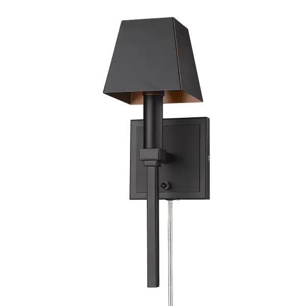 The Messina wall sconce delivers clean contemporary style with its matte black finish and metal shade. Damp-rated for bathrooms and covered porches, it offers both plug-in and hardwire flexibility for easy installation. - alternate view