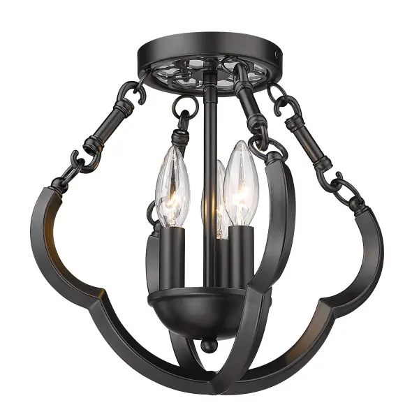 Bring contemporary elegance into your home with the Wry Lighting Saxon 3-light Semi-Flush Mount. Featuring a sleek design and a Matte Black finish, this fixture creates a refined look. The design includes an updated open-cage silhouette that is adaptable and sophisticated, making it perfect for various styles. This versatile semi-flush mount enhances any entryway, kitchen, or living area, boasting a Damp Location Rating, suitable for covered or semi-enclosed spaces. It requires 3 E12 Candelabra base bulbs (not included), max wattage 60 per bulb. Overall dimensions are 12.88"W x 12"H x 12.88"D. Illuminate your space with this unique statement piece. Collection: Saxon Finish: Matte Black Width: 12.88" Height: 12.00" Length: 12.88" Weight: 3.22 lb Extension from Wall: 12.88" Canopy: 5.13"W x 5.13"H x 0.75"D Number of Bulbs: 3 Maximum Wattage: 60.00 W Bulb Type: CA10 Bulb Base: E12 Light Source: Incandescent Dimmable Voltage: 120.00 V Country of Origin: China Safety Listing: ETL Manufacturer Warranty: 1 Year Limited