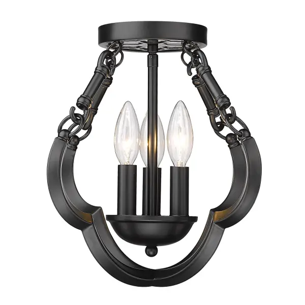 Bring contemporary elegance into your home with the Wry Lighting Saxon 3-light Semi-Flush Mount. Featuring a sleek design and a Matte Black finish, this fixture creates a refined look. The design includes an updated open-cage silhouette that is adaptable and sophisticated, making it perfect for various styles. This versatile semi-flush mount enhances any entryway, kitchen, or living area, boasting a Damp Location Rating, suitable for covered or semi-enclosed spaces. It requires 3 E12 Candelabra base bulbs (not included), max wattage 60 per bulb. Overall dimensions are 12.88"W x 12"H x 12.88"D. Illuminate your space with this unique statement piece. Collection: Saxon Finish: Matte Black Width: 12.88" Height: 12.00" Length: 12.88" Weight: 3.22 lb Extension from Wall: 12.88" Canopy: 5.13"W x 5.13"H x 0.75"D Number of Bulbs: 3 Maximum Wattage: 60.00 W Bulb Type: CA10 Bulb Base: E12 Light Source: Incandescent Dimmable Voltage: 120.00 V Country of Origin: China Safety Listing: ETL Manufacturer Warranty: 1 Year Limited - alternate view