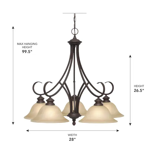 Bring transitional elegance into your home with the Wry Lighting Lancaster 5-light Chandelier in Rubbed Bronze. Featuring an exquisite glass shade and a rich rubbed bronze frame, it creates a welcoming atmosphere. The antique marbled glass shade features elegant, stone-like marbling that casts a warm, luxurious glow, replicating the look of natural marbled stone with rich amber and brown veins. This timeless and versatile rubbed bronze finish provides a classic warmth, complementing a variety of styles from traditional to modern. Ideal for indoor spaces not subject to moisture, it is perfect for dining rooms, living rooms, and hallways. Installation is easy with sloped-ceiling compatibility and adjustable height ranging from 28.5" to 99.5". Overall dimensions are 28"W x 26.5"H x 28"D, and it requires five E26 medium base bulbs (not included), with a maximum wattage of 100 per bulb. Crafted for quality and style, this chandelier adds a touch of classic elegance to any space. Collection: Lancaster Rooms: Kitchen,Living,Dining Finish: Rubbed Bronze Glass: Antique Marbled Glass Width: 28.00" Height: 26.50" Length: 28.00" Weight: 13.10 lb Extension from Wall: 28.00" Chain: 6` Wire: 10` Canopy: 5"W x 5"H x 1"D Number of Bulbs: 5 Maximum Wattage: 100.00 W Bulb Type: A19 Bulb Base: E26 Light Source: Incandescent Dimmable Voltage: 120.00 V Material: Steel Country of Origin: China Safety Listing: ETL Safety Rating: Dry Connection: Hardware Manufacturer Warranty: 1 Year Limited Instructions Parts Diagram - alternate view