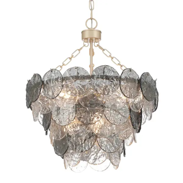 The Cascada 8-light pendant combines coastal charm with contemporary design through its unique smoke-tinted glass shades and refined Aegean Silver finish. The advanced vacuum plating creates a captivating liquid-like mirrored effect that transforms from reflective to beautifully illuminating.