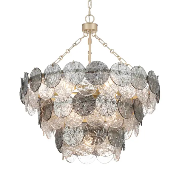 The Cascada 11-light pendant brings sophisticated coastal charm with its hammered water glass and transformative smoke plated finish. The Aegean Silver metalwork features artisanal detailing that catches light beautifully, while the glass shifts from mirrored to translucent when illuminated.