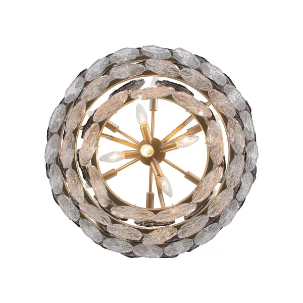The Cascada 11-light pendant brings sophisticated coastal charm with its hammered water glass and transformative smoke plated finish. The Aegean Silver metalwork features artisanal detailing that catches light beautifully, while the glass shifts from mirrored to translucent when illuminated. - alternate view