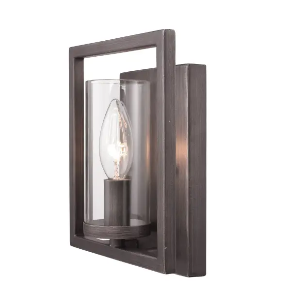 The Marco Wall Sconce combines industrial charm with modern sophistication through its gunmetal bronze finish and clear glass shade. Perfect for smaller spaces, this damp-rated fixture delivers brilliant illumination while showcasing the bulb as part of the design aesthetic. - alternate view