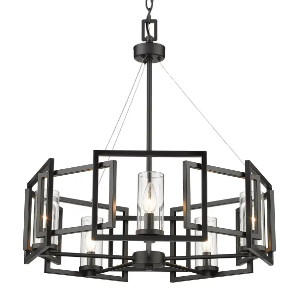 The Marco 5-Light Chandelier delivers clean, modern design with its matte black frame and clear glass shades. Perfect for dining rooms and living spaces, it offers adjustable height and versatile styling that complements contemporary interiors.