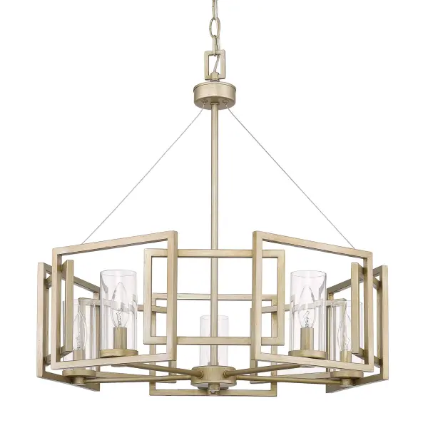 The Marco 5-Light Chandelier combines modern sophistication with timeless elegance through its unique white gold finish and clear glass shades. Perfect for medium-sized spaces, it offers adjustable height and sloped-ceiling compatibility.