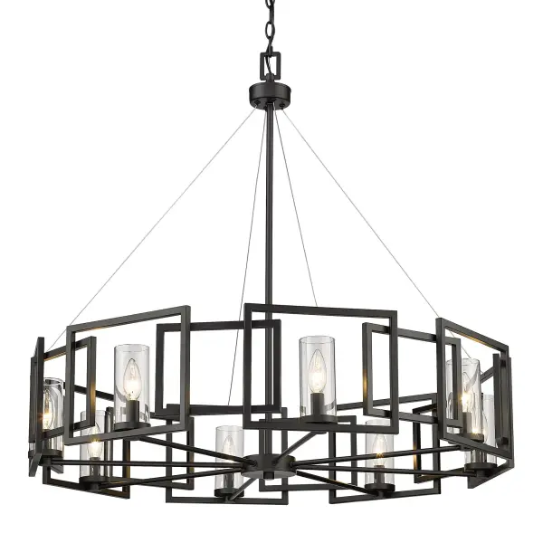 The Marco 8-light chandelier combines striking architectural design with versatile modern style. Its matte black frame and clear glass shades create brilliant, unobstructed light perfect for showcasing decorative bulbs in dining rooms and grand entryways.