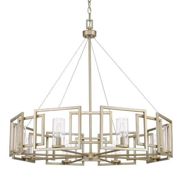 The Marco 8-light chandelier combines sophisticated white gold finish with clear glass shades for a stunning focal point. Its generous 35-inch width and adjustable height make it perfect for grand dining rooms and foyers seeking modern luxury.
