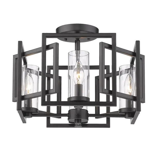 The Marco flush mount combines geometric elegance with practical functionality. Its matte black frame and clear glass shade deliver brilliant illumination while maintaining a minimalist aesthetic ideal for contemporary spaces.