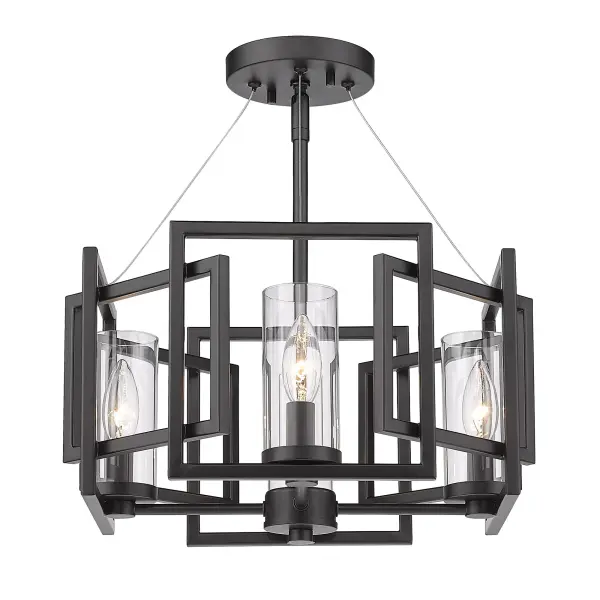 The Marco 4-light semi-flush mount combines contemporary elegance with practical versatility. Its clear glass shade and matte black finish create a refined aesthetic that complements various decor styles while providing excellent light output.