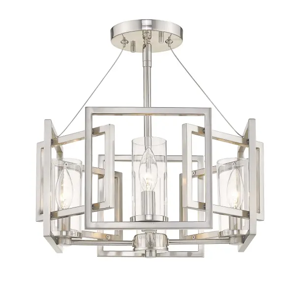 The Marco 4-light semi-flush mount combines classic design with contemporary versatility. Its clear glass shade and sophisticated pewter finish create warm, inviting illumination perfect for mid-height ceilings.