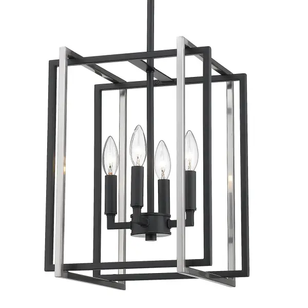 The Tribeca 4-light pendant combines clean geometric lines with a matte black finish and pewter accents, creating a versatile fixture that bridges traditional and contemporary styles. Its adjustable height and compact 12" width make it ideal for smaller spaces.