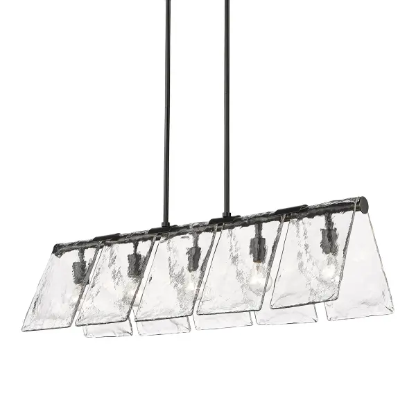 The Serenity 5-Light Island Light combines modern industrial design with artisanal craftsmanship. Its hammered water glass shades create captivating light patterns while the matte black finish adds timeless sophistication to any space.