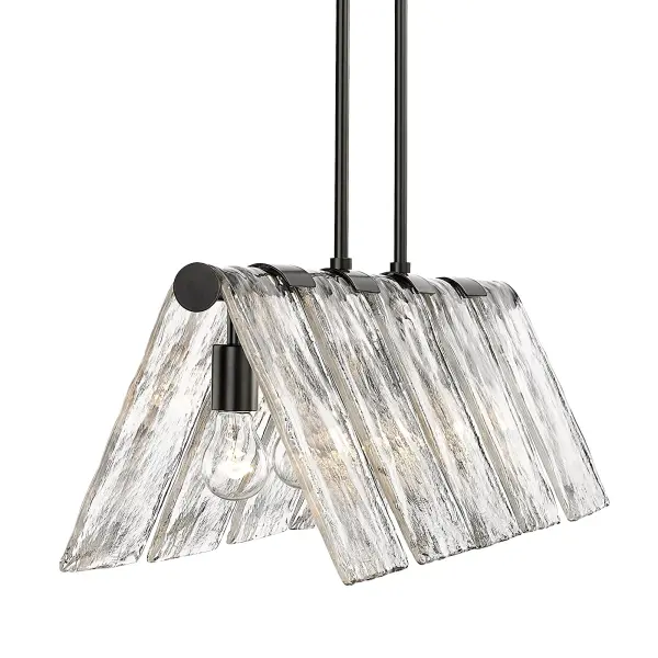 The Serenity 5-Light Island Light combines modern industrial design with artisanal craftsmanship. Its hammered water glass shades create captivating light patterns while the matte black finish adds timeless sophistication to any space. - alternate view
