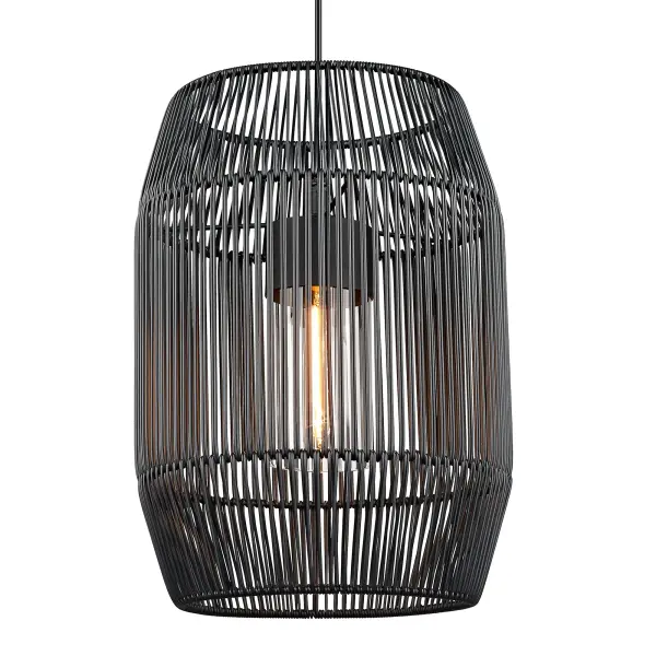 The Seabrooke outdoor pendant combines handcrafted black wicker with a natural black frame for a sophisticated bohemian look. Wet location rated and sloped-ceiling compatible, it's perfect for covered outdoor spaces seeking coastal charm.