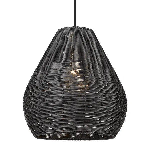 Embrace the relaxed elegance of the Wry Lighting Melany 1-light Outdoor Pendant. Featuring a large, woven wicker shade and a natural black finish, it enhances the beauty of any outdoor space while providing ambient light. The matte black wicker shade creates a sophisticated texture, filtering light softly for a cozy atmosphere. Designed for wet locations, this pendant withstands the elements while complementing your outdoor decor. Versatile and adjustable, this pendant is compatible with sloped ceilings and allows for a customized hanging height from 18.125" to 129.625". With overall dimensions of 17.5"W x 18.13"H x 17.5"D, it requires one E26 medium base bulb with a maximum wattage of 100. Illuminate your covered outdoor areas with the stunning craftsmanship of Wry Lighting, where style meets functionality. Collection: Melany Finish: Natural Black Glass: Matte Black Wicker Width: 17.50" Height: 18.13" Weight: 7.30 lb Extension from Wall: 17.50" Canopy: 4.75"W x 4.75"H x 0.75"D Number of Bulbs: 1 Maximum Wattage: 100.00 W Bulb Type: A19 Bulb Base: E26 Light Source: Incandescent Dimmable Voltage: 120.00 V Country of Origin: China Safety Listing: ETL Manufacturer Warranty: 1 Year Limited - alternate view