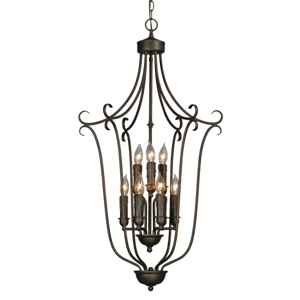 A grand 9-light chandelier featuring intricate scrollwork and drip candlesticks in a warm Rubbed Bronze finish. The ornate design creates a regal focal point perfect for traditional and transitional interiors.