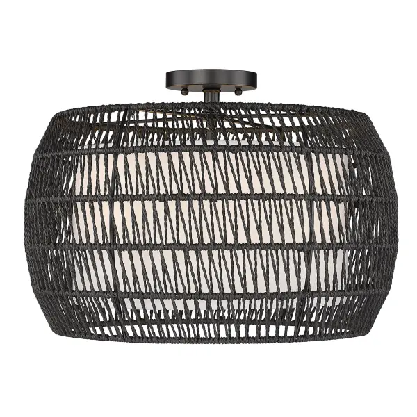 The Everly semi-flush mount combines coastal charm with contemporary sophistication through its handwoven Modern Black Rattan shade and sleek Matte Black frame. Perfect for creating ambient lighting with unique shadow play. - alternate view