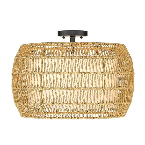 The Everly semi-flush mount combines handwoven natural rattan with a sophisticated matte black frame, creating a relaxed yet refined coastal aesthetic. Its convertible design and damp location rating make it ideal for various spaces. - alternate view