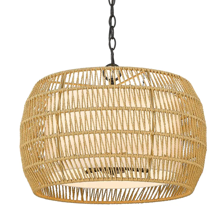 Golden Lighting Everly 4-Light Pendant in Matte Black and Natural Rattan - Image 1