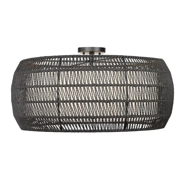 The Everly 6-light semi-flush mount combines hand-woven black rattan with matte black metal for a sophisticated coastal aesthetic. Its open, airy pattern creates beautiful shadow play while the damp rating ensures versatility. - alternate view