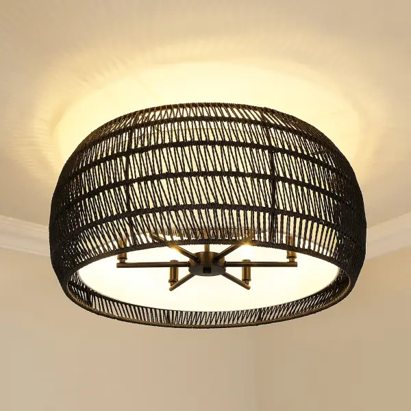 Golden Lighting Everly 6-Light Semi-Flush Mount in Matte Black with Modern Black Rattan Shade - Image 6