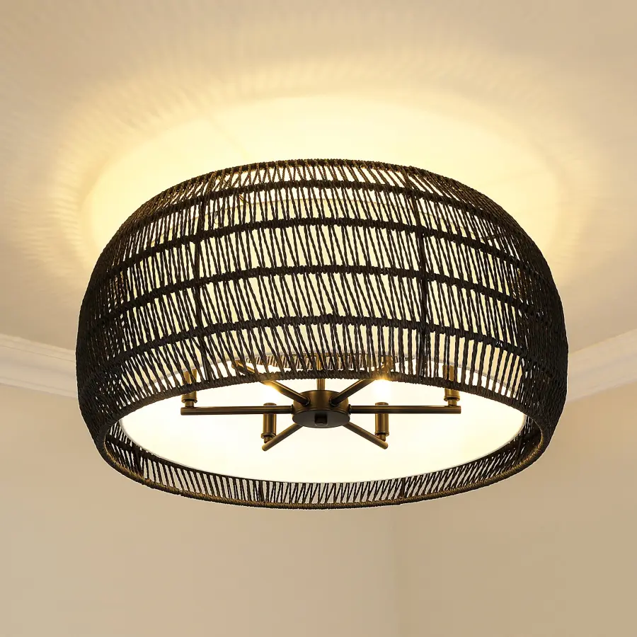 Golden Lighting Everly 6-Light Semi-Flush Mount in Matte Black with Modern Black Rattan Shade - Image 6