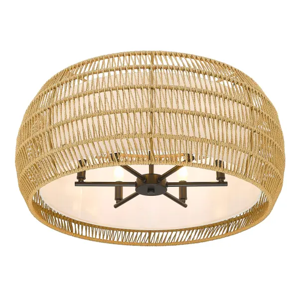 The Everly brings natural beauty indoors with its handcrafted rattan shade and sleek matte black frame. Perfect for mid-height ceilings, this 6-light fixture offers flexible installation and damp location rating for versatile placement throughout your home. - alternate view
