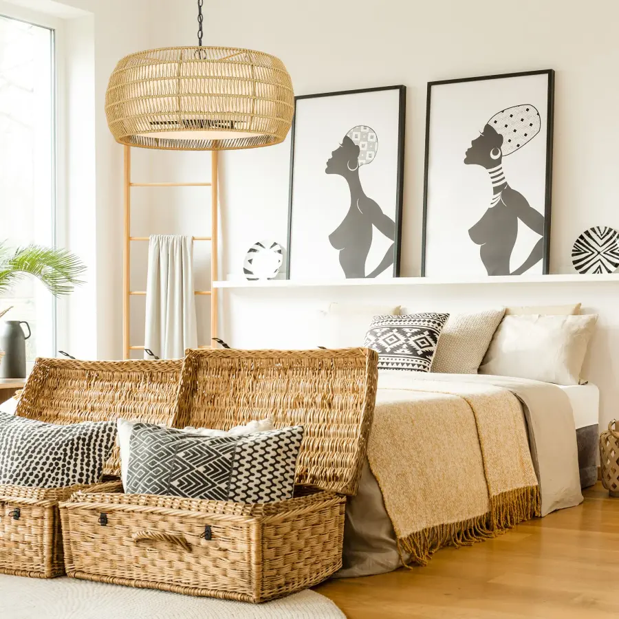 Golden Lighting Everly 6-Light Chandelier in Matte Black and Natural Rattan - Image 2