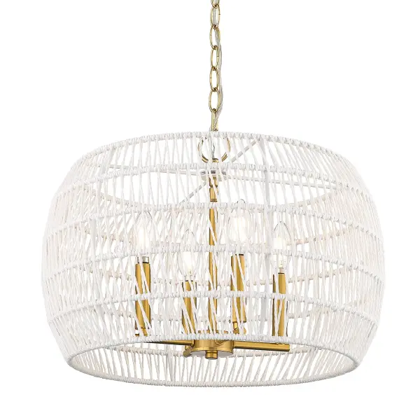 Bring coastal elegance into your home with the Wry Lighting Ellie 4-light Chandelier. Featuring a rope shade and a modern brushed gold frame, it creates a welcoming atmosphere. The bleached white raphia rope shade offers a clean, bright, and textural look, reminiscent of sun-bleached rope found on a tropical beach. This artisanal material enhances the chandelier's relaxed coastal feel while beautifully diffusing light. Our modern brushed gold finish radiates warmth and has a luxe appeal, treated with a fine brushing that creates a sophisticated surface. Make a grand impression in dining rooms and foyers or elevate bedrooms and living spaces with a touch of classic elegance. This fixture is damp location rated, suitable for covered areas with occasional moisture. The convertible design allows for adjustable height installation on sloped or flat ceilings, ensuring a perfect fit in any space. Overall Dimensions: 19"W x 13.5"H x 19"D, Requires 4 E12 Candelabra base bulbs (not included), max 60 watts per bulb. With its timeless design and quality craftsmanship, this chandelier is perfect for those seeking to add a chic yet relaxed vibe to their home. Collection: Ellie Finish: Modern Brushed Gold Glass: Bleached White Raphia Rope Width: 19.00" Height: 13.50" Weight: 7.63 lb Extension from Wall: 19.00" Canopy: 4.75"W x 4.75"H x 0.75"D Number of Bulbs: 4 Maximum Wattage: 60.00 W Bulb Type: CA10 Bulb Base: E12 Light Source: Incandescent Dimmable Voltage: 120.00 V Country of Origin: China Safety Listing: ETL Manufacturer Warranty: 1 Year Limited