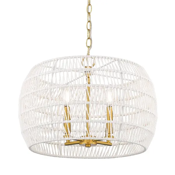 Bring coastal elegance into your home with the Wry Lighting Ellie 4-light Chandelier. Featuring a rope shade and a modern brushed gold frame, it creates a welcoming atmosphere. The bleached white raphia rope shade offers a clean, bright, and textural look, reminiscent of sun-bleached rope found on a tropical beach. This artisanal material enhances the chandelier's relaxed coastal feel while beautifully diffusing light. Our modern brushed gold finish radiates warmth and has a luxe appeal, treated with a fine brushing that creates a sophisticated surface. Make a grand impression in dining rooms and foyers or elevate bedrooms and living spaces with a touch of classic elegance. This fixture is damp location rated, suitable for covered areas with occasional moisture. The convertible design allows for adjustable height installation on sloped or flat ceilings, ensuring a perfect fit in any space. Overall Dimensions: 19"W x 13.5"H x 19"D, Requires 4 E12 Candelabra base bulbs (not included), max 60 watts per bulb. With its timeless design and quality craftsmanship, this chandelier is perfect for those seeking to add a chic yet relaxed vibe to their home. Collection: Ellie Finish: Modern Brushed Gold Glass: Bleached White Raphia Rope Width: 19.00" Height: 13.50" Weight: 7.63 lb Extension from Wall: 19.00" Canopy: 4.75"W x 4.75"H x 0.75"D Number of Bulbs: 4 Maximum Wattage: 60.00 W Bulb Type: CA10 Bulb Base: E12 Light Source: Incandescent Dimmable Voltage: 120.00 V Country of Origin: China Safety Listing: ETL Manufacturer Warranty: 1 Year Limited - alternate view