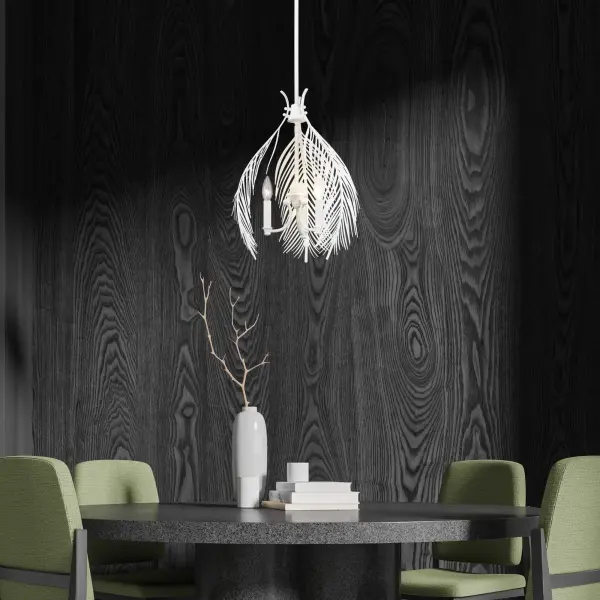 The Cay 3-Light Pendant combines organic feather motifs with clean contemporary lines in a sophisticated matte white finish. Its open structure showcases graceful illumination while maintaining a minimalist aesthetic perfect for modern interiors. - alternate view