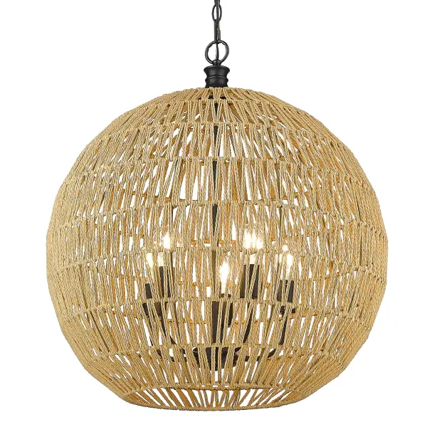 The Florence 5-Light Pendant combines hand-woven natural raphia rope shades with a sleek matte black frame, creating a stunning focal point that bridges coastal, bohemian, and modern aesthetics. Perfect for adding organic warmth and visual interest.