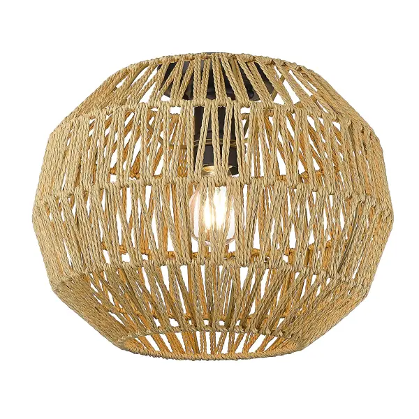The Florence flush mount combines hand-woven natural raphia rope with a sleek matte black frame, creating stunning light patterns while maintaining a compact profile perfect for bathrooms, hallways, and closets.