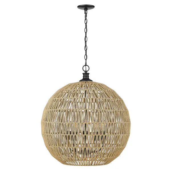 The Florence flush mount combines hand-woven natural raphia rope with a sleek matte black frame, creating stunning light patterns while maintaining a compact profile perfect for bathrooms, hallways, and closets. - alternate view
