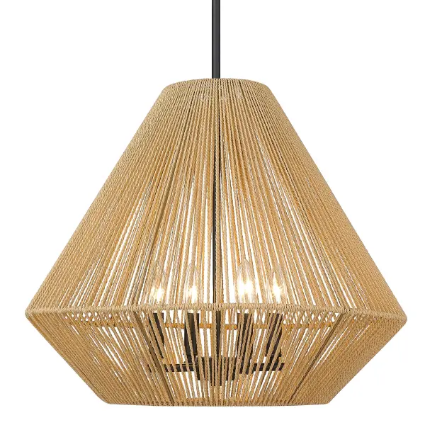 The Valentina 4-light pendant combines handcrafted natural Raphia rope with sleek matte black steel for a striking organic modern aesthetic. Its open-weave shade creates beautiful light patterns while the adjustable height ensures perfect placement.