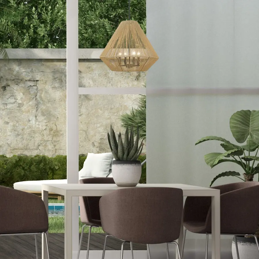 Golden Lighting Valentina 4-Light Pendant in Matte Black with Natural Raphia Rope Shade - Image 2