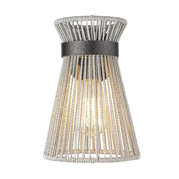 The Avon wall sconce brings artisanal charm with its handwoven Raphia rope shade and sleek matte black frame. Damp-rated for bathrooms and covered patios, it diffuses light beautifully while adding coastal sophistication to any space. - alternate view