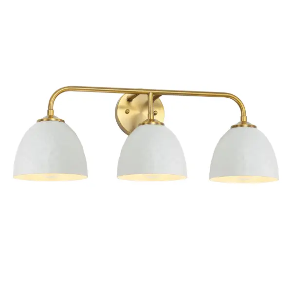 The Shepard 3-Light Vanity combines farmhouse charm with modern sophistication. Its modern brass frame and matte white metal shade create a welcoming atmosphere while providing practical task lighting for bathrooms and powder rooms.
