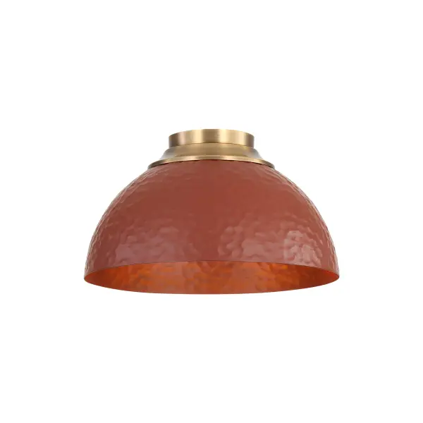 The Shepard flush mount combines warm rustic elegance with contemporary brass tones, perfect for low-ceiling spaces. Its earthy Russet Clay shade and muted Modern Brass finish create inviting ambiance in hallways, bathrooms, and utility areas.