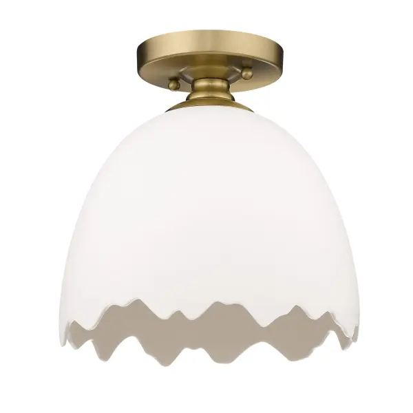 The Brinkley semi-flush mount combines modern artistry with understated elegance. Its unique porcelain shade features an organic shape with broken-edge detail that emits a soft, warm glow, while the brushed champagne brass finish adds contemporary sophistication. - alternate view