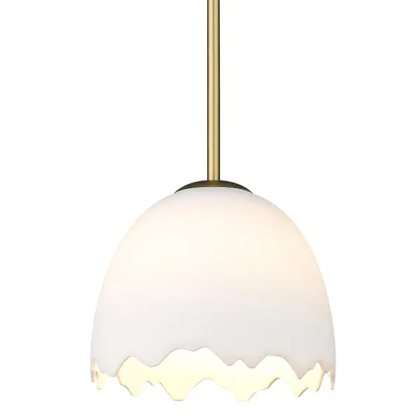 Bring modern elegance into your home with the Wry Lighting Brinkley 1-light Pendant. Featuring a porcelain shade and a brushed champagne brass frame, it creates a welcoming atmosphere. The porcelain shade features a soft, milky off-white color and a smooth, unglazed matte finish, allowing for a soft, warm glow when illuminated. This exquisite shade showcases a delicate and luminous quality, emitting an ethereal and perfectly diffused glow, enhanced by its organic, egg-like shape with a unique broken-edge detail. The brushed champagne brass finish is understated and elegant, blending the warmth of brass with the softness of silver. It adds a touch of quiet luxury and contemporary style to any interior. Perfect for focused yet decorative illumination in entryways, foyers, and even bathrooms, this pendant is damp location rated, suitable for covered spaces with occasional moisture. Designed for sloped ceilings, the height is adjustable from a minimum of 10.75" to a maximum of 52.75". With overall dimensions of 9.5"W x 8.25"H x 9.5"D and requiring 1 E26 medium base bulb (not included), max 100 wattage per bulb, this pendant is both functional and stylish. Add this piece to your home for a chic and sophisticated focal point. Collection: Brinkley Rooms: Bath,Foyer,Kitchen,Living,Bedroom Finish: Brushed Champagne Brass Glass: Porcelain Shade Notes: 1ea 6``, 3ea 12`` Width: 9.50" Height: 8.25" Length: 9.50" Weight: 5.16 lb Extension from Wall: 9.50" Wire: 10` Canopy: 4.75"W x 4.75"H x 0.75"D Number of Bulbs: 1 Maximum Wattage: 100.00 W Bulb Type: A19 Bulb Base: E26 Light Source: Incandescent Dimmable Voltage: 120.00 V Material: Steel Country of Origin: China Safety Listing: ETL Safety Rating: Damp Connection: Hardware Manufacturer Warranty: 1 Year Limited