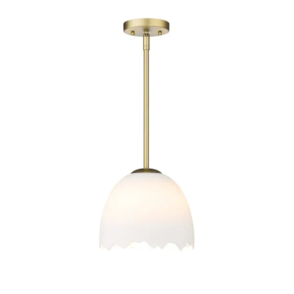Bring modern elegance into your home with the Wry Lighting Brinkley 1-light Pendant. Featuring a porcelain shade and a brushed champagne brass frame, it creates a welcoming atmosphere. The porcelain shade features a soft, milky off-white color and a smooth, unglazed matte finish, allowing for a soft, warm glow when illuminated. This exquisite shade showcases a delicate and luminous quality, emitting an ethereal and perfectly diffused glow, enhanced by its organic, egg-like shape with a unique broken-edge detail. The brushed champagne brass finish is understated and elegant, blending the warmth of brass with the softness of silver. It adds a touch of quiet luxury and contemporary style to any interior. Perfect for focused yet decorative illumination in entryways, foyers, and even bathrooms, this pendant is damp location rated, suitable for covered spaces with occasional moisture. Designed for sloped ceilings, the height is adjustable from a minimum of 10.75" to a maximum of 52.75". With overall dimensions of 9.5"W x 8.25"H x 9.5"D and requiring 1 E26 medium base bulb (not included), max 100 wattage per bulb, this pendant is both functional and stylish. Add this piece to your home for a chic and sophisticated focal point. Collection: Brinkley Rooms: Bath,Foyer,Kitchen,Living,Bedroom Finish: Brushed Champagne Brass Glass: Porcelain Shade Notes: 1ea 6``, 3ea 12`` Width: 9.50" Height: 8.25" Length: 9.50" Weight: 5.16 lb Extension from Wall: 9.50" Wire: 10` Canopy: 4.75"W x 4.75"H x 0.75"D Number of Bulbs: 1 Maximum Wattage: 100.00 W Bulb Type: A19 Bulb Base: E26 Light Source: Incandescent Dimmable Voltage: 120.00 V Material: Steel Country of Origin: China Safety Listing: ETL Safety Rating: Damp Connection: Hardware Manufacturer Warranty: 1 Year Limited - alternate view