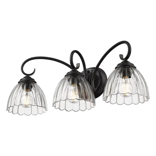 The Audra 3-Light Vanity combines glamorous elegance with modern sophistication. Its matte black finish and clear glass shades deliver brilliant, unobstructed light while creating a luxurious focal point in any bathroom.