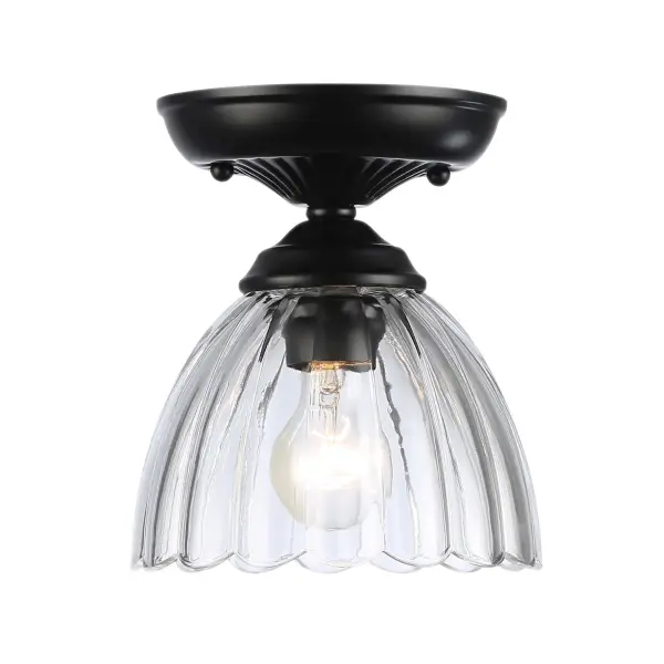 The Golden Lighting Audra semi-flush mount delivers sophisticated minimalist style in a compact 7-inch profile. Its clear glass shade and matte black finish create a versatile fixture perfect for smaller spaces with mid-height ceilings.