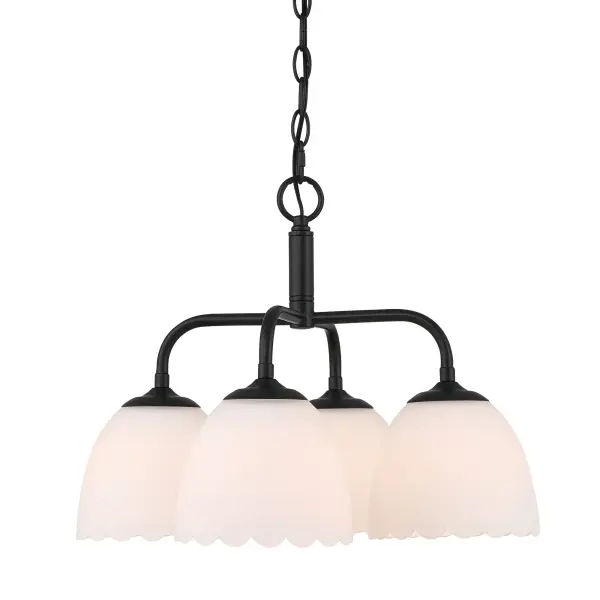The Golden Lighting Dorinda 4-Light Pendant brings a refined blend of vintage inspiration and modern simplicity to a wide range of interiors. Featuring a softly contoured opal glass shade, this design diffuses light evenly for a warm, glare-free glow that enhances both traditional and transitional spaces. The understated frame is finished in Matte Black, providing a bold yet versatile contrast that grounds the design with clean, contemporary appeal. Measuring 18"W x 85"H x 18"D, this pendant is ideal for kitchens, dining areas, bedrooms, foyers, and covered bathroom applications. Damp-location rated and sloped-ceiling compatible, the adjustable hanging height allows for customized installation. Requiring four E26 medium base bulbs (not included), the Dorinda pendant delivers balanced illumination with timeless elegance. Collection: Dorinda Finish: Matte Black Glass: Opal Glass Width: 18.00" Height: 85.00" Weight: 12.43 lb Extension from Wall: 18.00" Canopy: 5.12"W x 5.12"H x 1.12"D Number of Bulbs: 4 Maximum Wattage: 100.00 W Bulb Type: A19 Bulb Base: E26 Dimmable Voltage: 120.00 V Country of Origin: China Safety Listing: ETL Manufacturer Warranty: 1 Year Limited