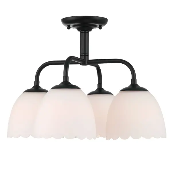The Golden Lighting Dorinda 4-Light Semi-Flush Mount blends vintage-inspired charm with clean, modern lines for a versatile lighting solution. The opal glass shade gently diffuses light, creating a warm, inviting glow that enhances comfort while minimizing glare. Finished in Matte Black, the streamlined hardware provides a bold yet neutral foundation that complements both contemporary and traditional interiors. Measuring 18"W x 13"H x 18"D, this semi-flush mount is ideal for entryways, bedrooms, kitchens, and living areas with mid-height ceilings. Damp-location rated and adjustable in hanging height, it offers flexibility for a variety of installations. The fixture requires four E26 medium base bulbs (not included) and delivers dependable illumination with enduring style. Collection: Dorinda Finish: Matte Black Glass: Opal Glass Width: 18.00" Height: 13.00" Weight: 11.11 lb Extension from Wall: 18.00" Canopy: 5.12"W x 5.12"H x 1.12"D Number of Bulbs: 4 Maximum Wattage: 100.00 W Bulb Type: A19 Bulb Base: E26 Dimmable Voltage: 120.00 V Country of Origin: China Safety Listing: ETL Manufacturer Warranty: 1 Year Limited - alternate view